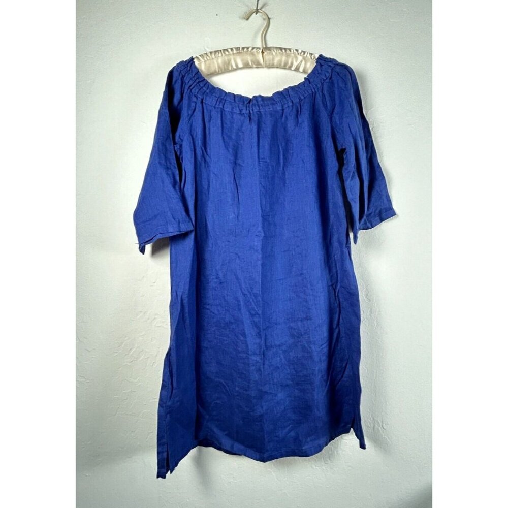 Allen Allen Womens Tunic Top Small Blue Short Sleeve Blouse Linen Lagenlook